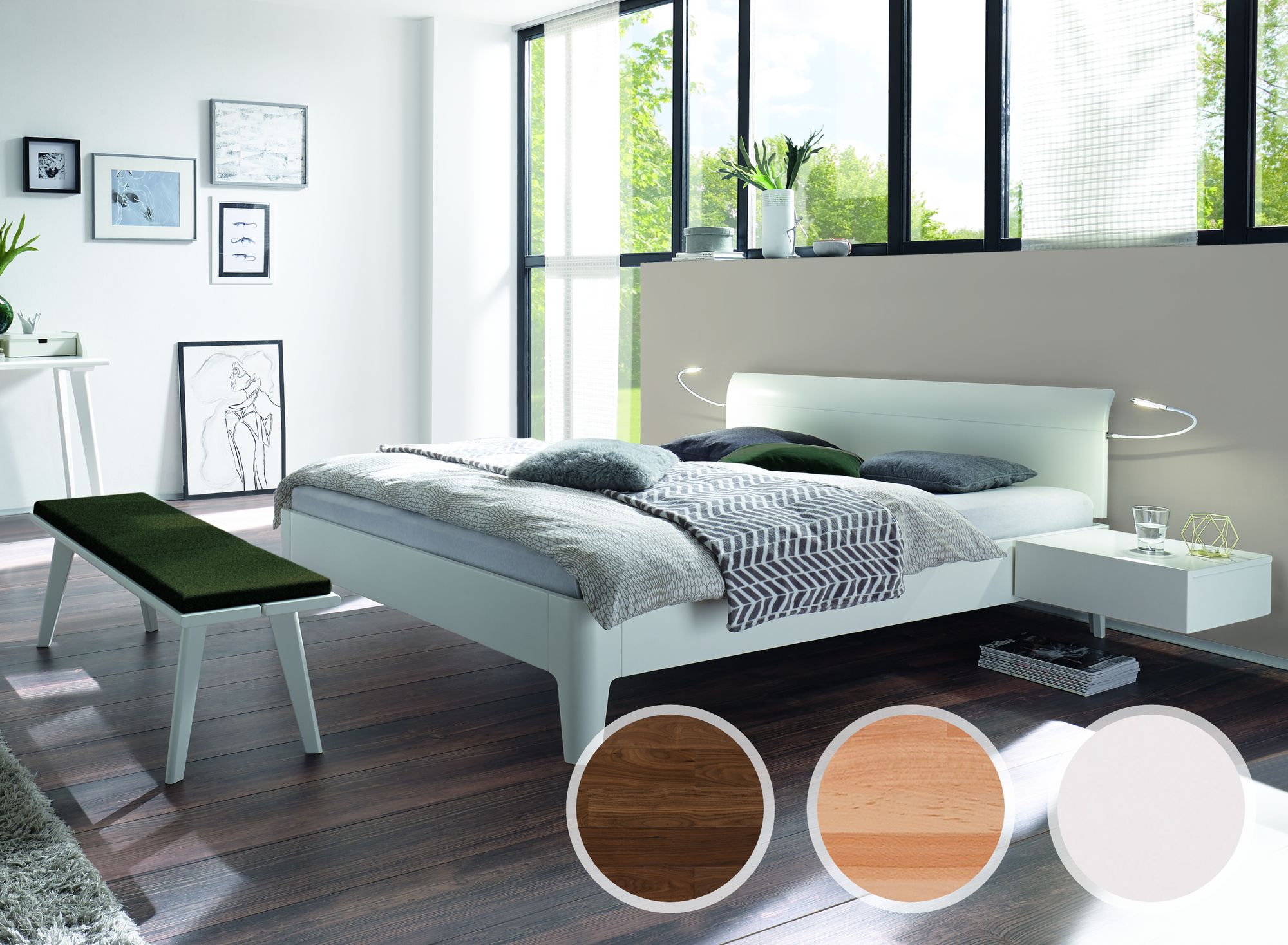 Hasena Fine-Line Designerbett Syma 18 Xylo/Vola 140x210 cm / Nussbaum, geölt / Kopfteil Buche weiss deckend, lackiert / Füße Eiche natur,