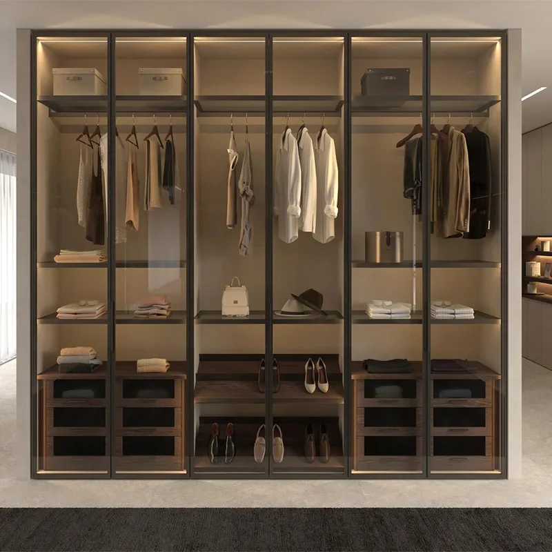 # Wish Garderobenmöbel, Kleideraufbewahrung, begehbarer Schrank, Kleiderschrank, schwarze Kleiderschränke, Schrankschrank mit Glastür, LED-Leuchten