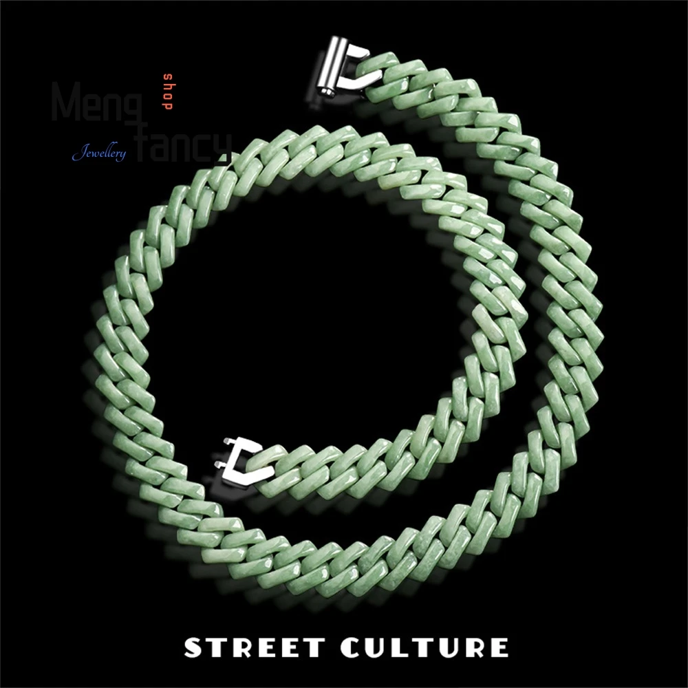 Jade Bean Grün Blau Wasser Raute Kubanische Kette Armband Halskette Jade Titan Stahl Hip - Hop Stil Trendige Mode Luxus Juwel