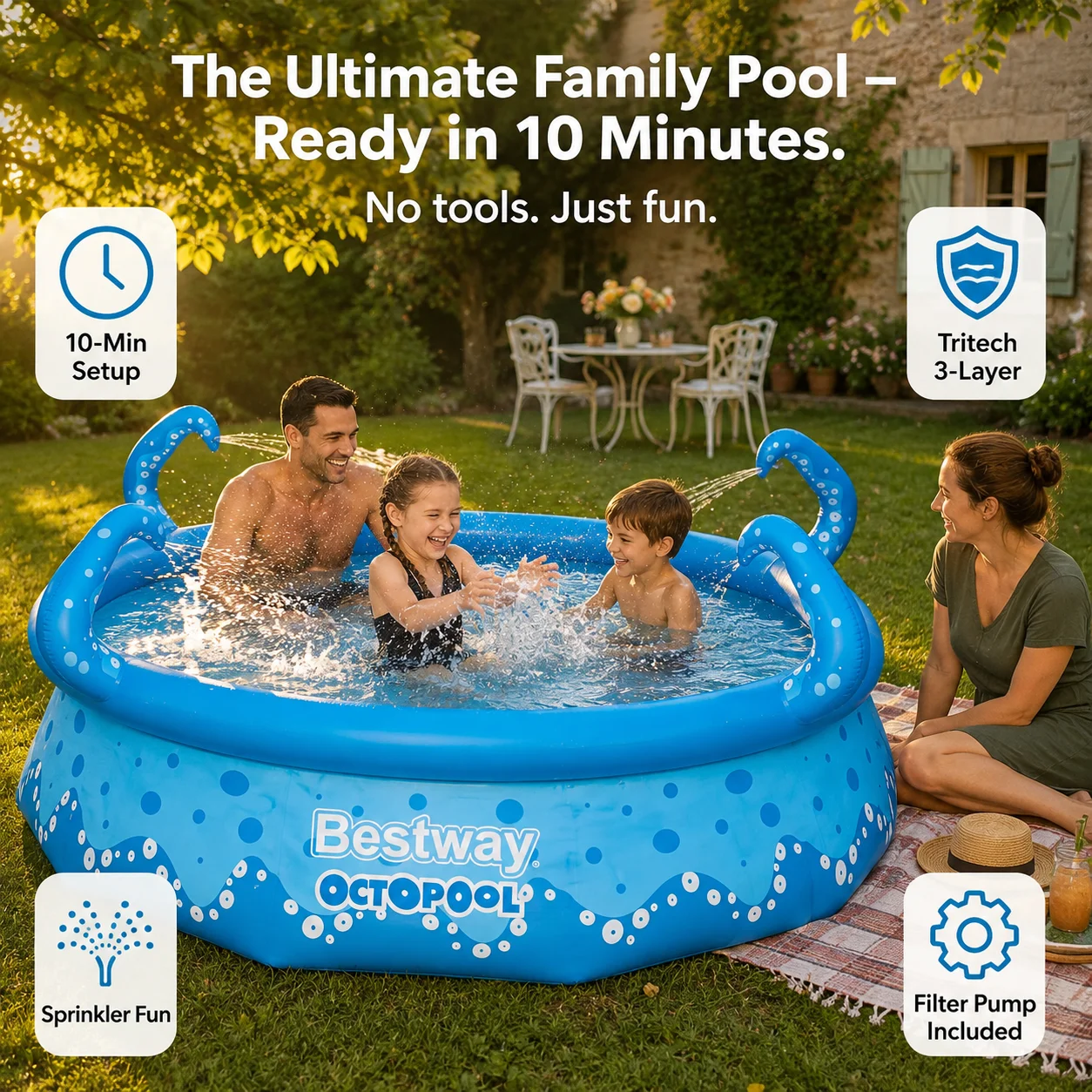 Piscine gonflable 274 x 76 cm, piscine octogonale hors sol avec pompe filtrante, parois renforcées Tritech, installation rapide, piscine familiale pour jardin, cour arrière et adultes, piscine facile