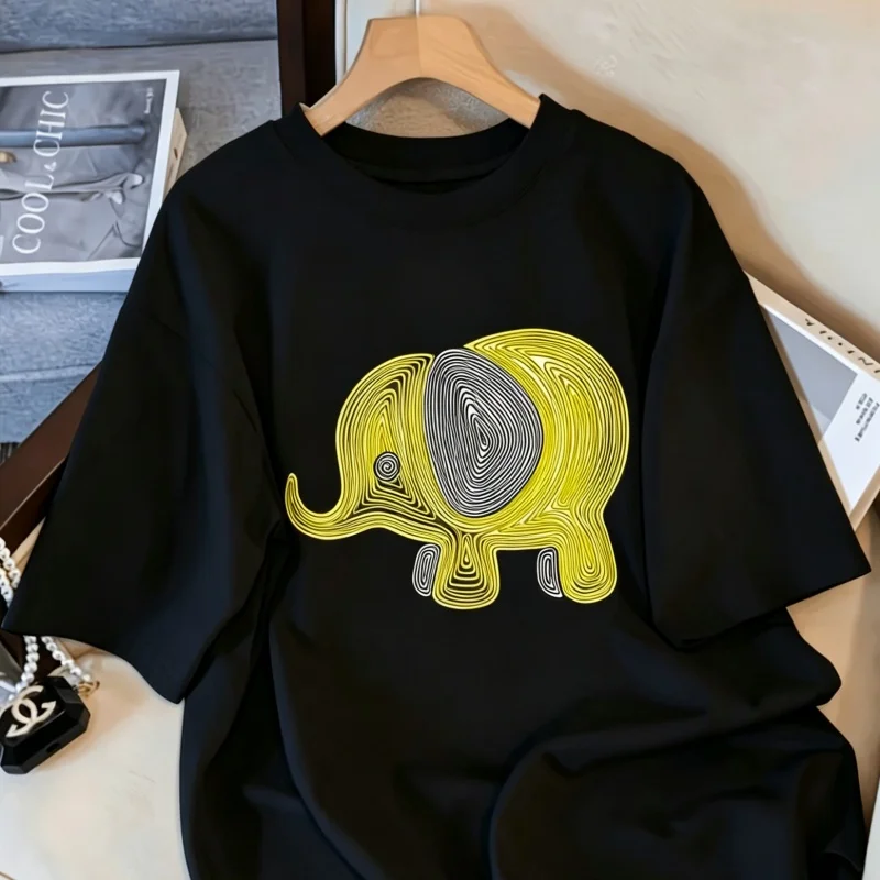 Niedliches Elefanten-Linienkunst-T-Shirt für Damen und Herren, Sommerliches Lässiges Oversize Grafik-T-Shirt, Harajuku Kawaii Streetwear Top 2025 Neue Mode Image