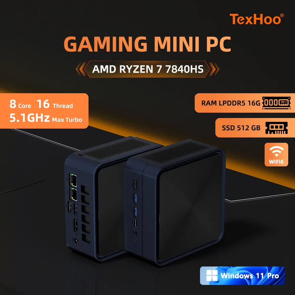 Mini PC Texhoo Windows 11 Pro Ryzen DDR5 4800MHz WiFi6 BT5.2 PC de jeu DIY Ordinateur de jeu compact Mini PC AMD Ryzen7 7840HS