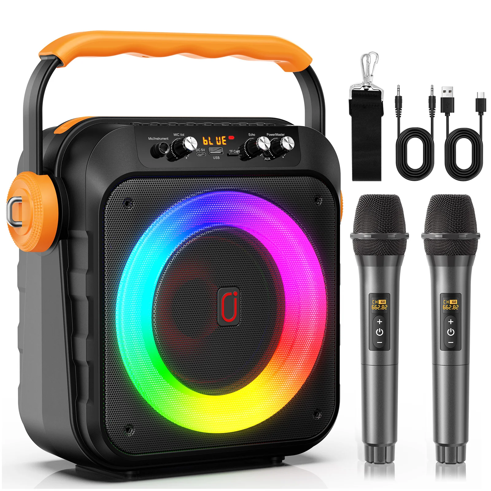 MS80 6500MAH Karaoke-Maschine, Karaoke-System mit 2 Mikrofonen, Bluetooth-Lautsprecherbox für Erwachsene / Kinder mit LED-Lichteffekten Image