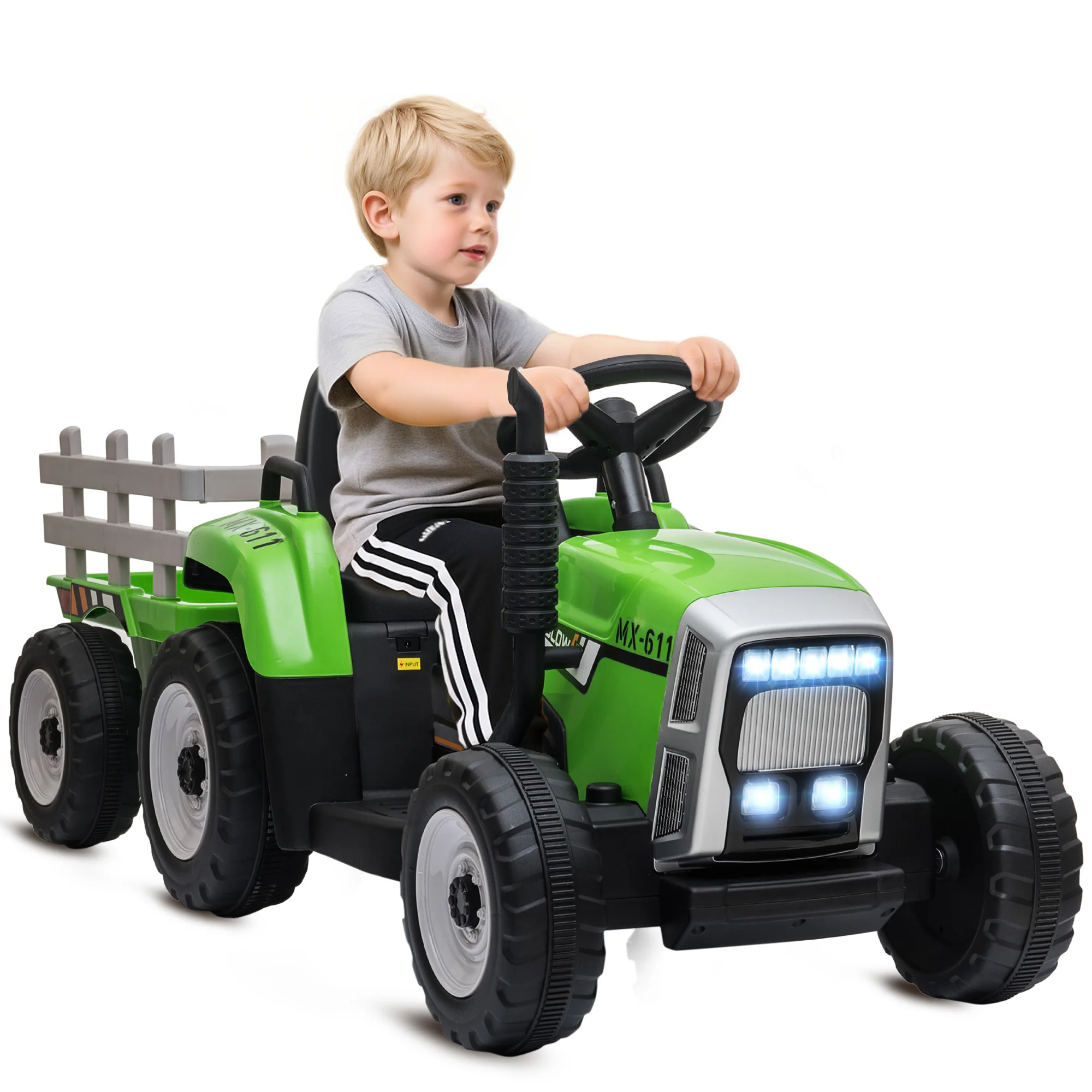 HOMCOM Tracteur électrique avec remorque amovible, voiture électrique enfants de 3 à 6 ans avec télécommande MP3 musique afficha
