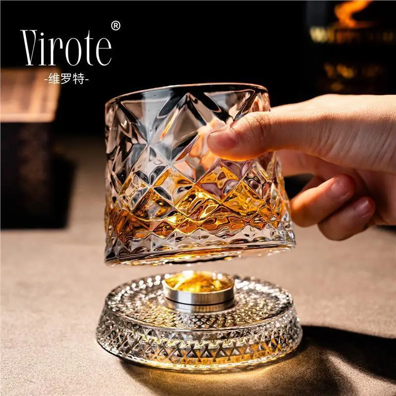 2026 Neues Rotierendes Whiskyglas mit Glasboden, 360 Grad Drehbar, Kristall-Rumglas für Cocktailpartys und Getränke Image