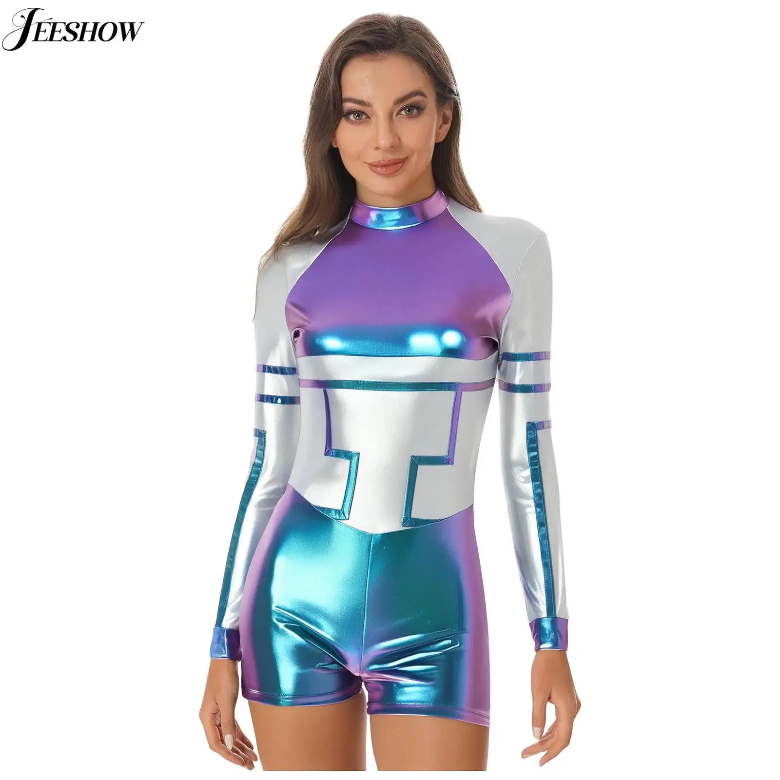 Damen Alien Roboter Kostüm Space Cadet Rollenspiel Fancy Dress Up Glänzender metallischer Langarm-Body Astronaut Cosplay Outfits Image