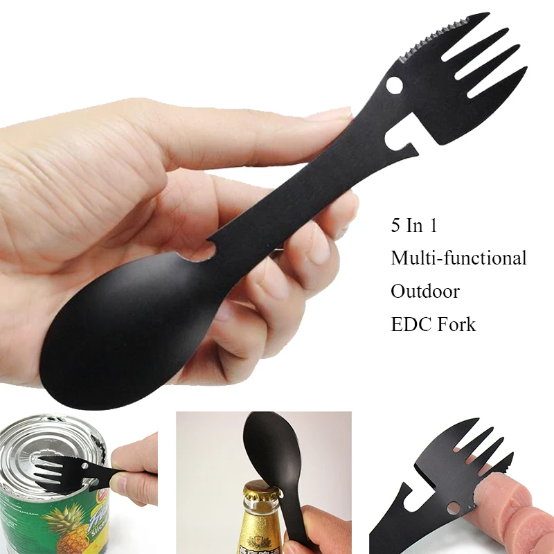 Outdoor-Überlebenswerkzeuge, 5-in-1, Camping, multifunktionales EDC-Set, praktische Gabel, Messer, Löffel, Flaschen-/Dosenöffner, Camping-Multitool Image