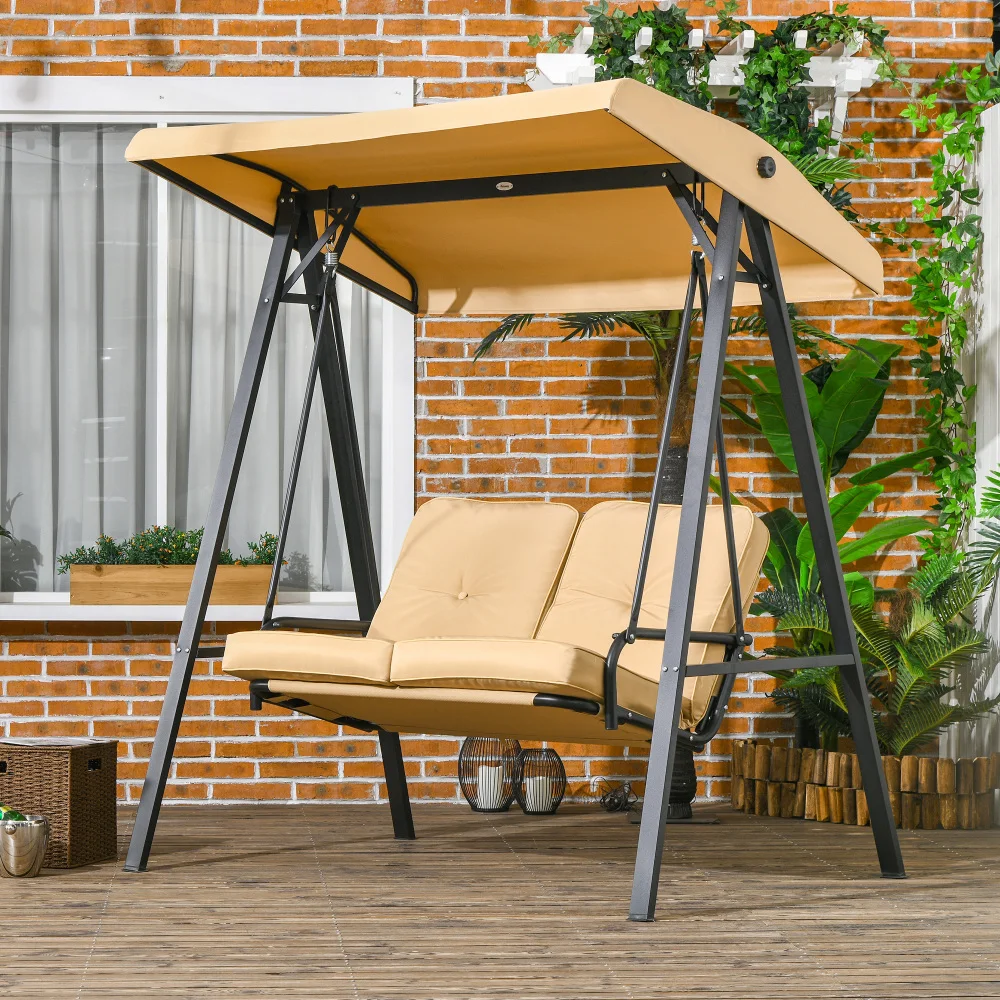Balançoire de jardin Hollywood Swing 3 places avec auvent réglable, banc balançoire pouvant supporter jusqu'à 220 kg, chaise longue de jardin pour jardin, terrasse, 138 x 106 x 174 cm, beige