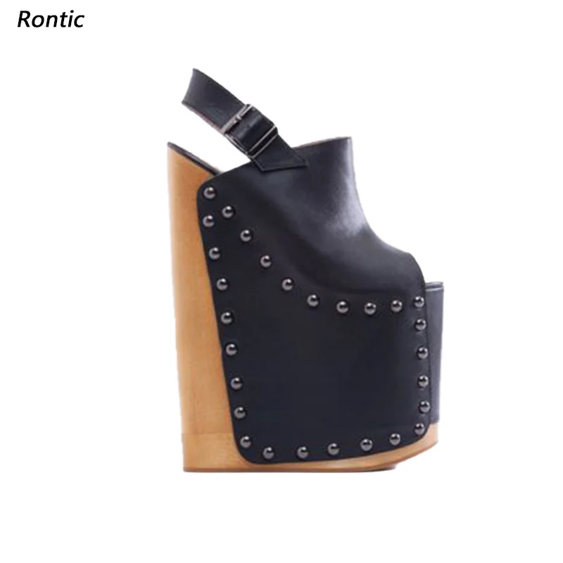 Rontic handgemachte Damen-Sommer-Plateau-Sandalen mit Nieten, Keilabsatz, Peep-Toe, elegante schwarze Cosplay-Schuhe, Damen, US-Größe 5–15