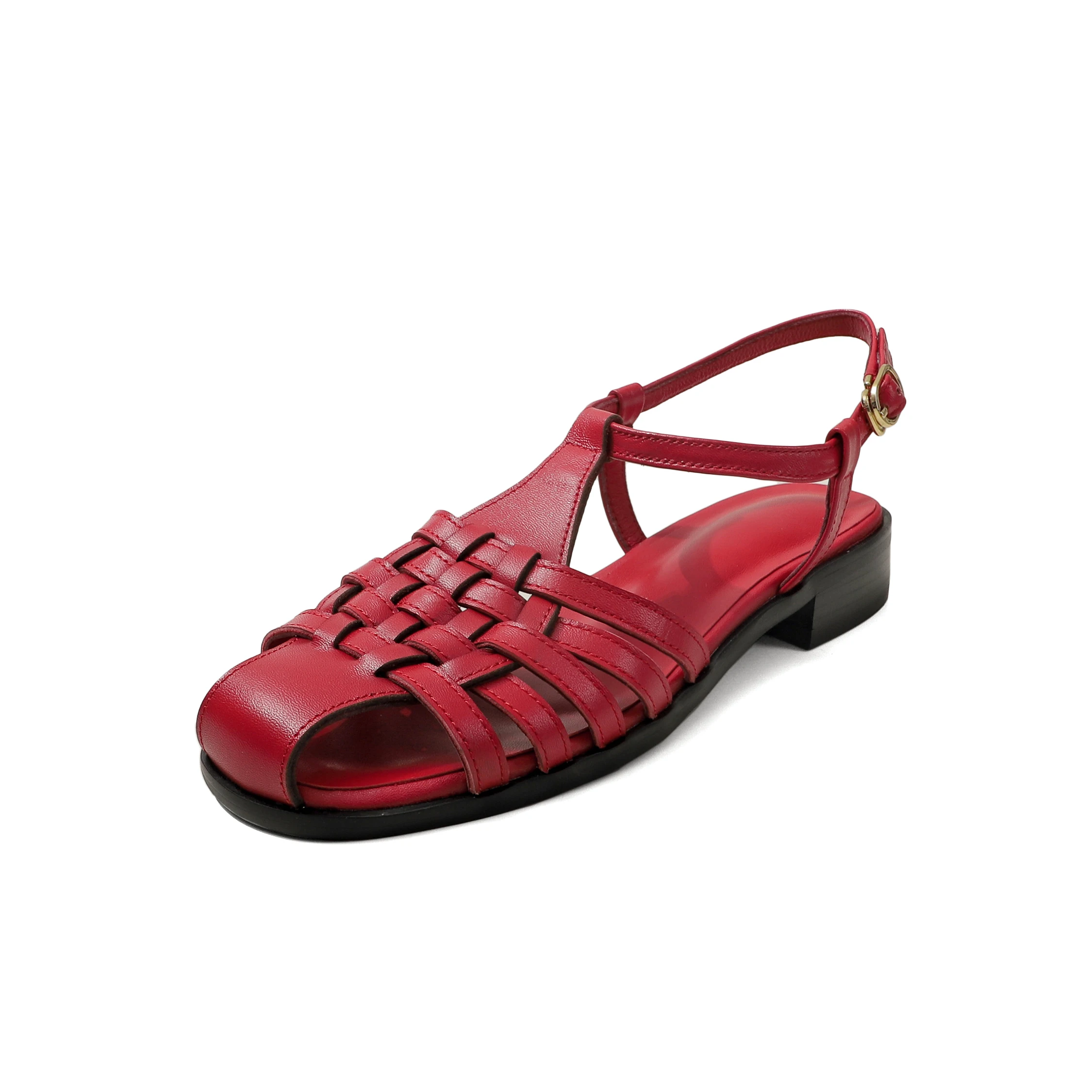 US 5-13 Große Größen Echtes Leder Rindsleder Damensandalen, Niedrige Absätze Schnallenverschluss Atmungsaktive Sommer Retro Gladiator Damenschuhe