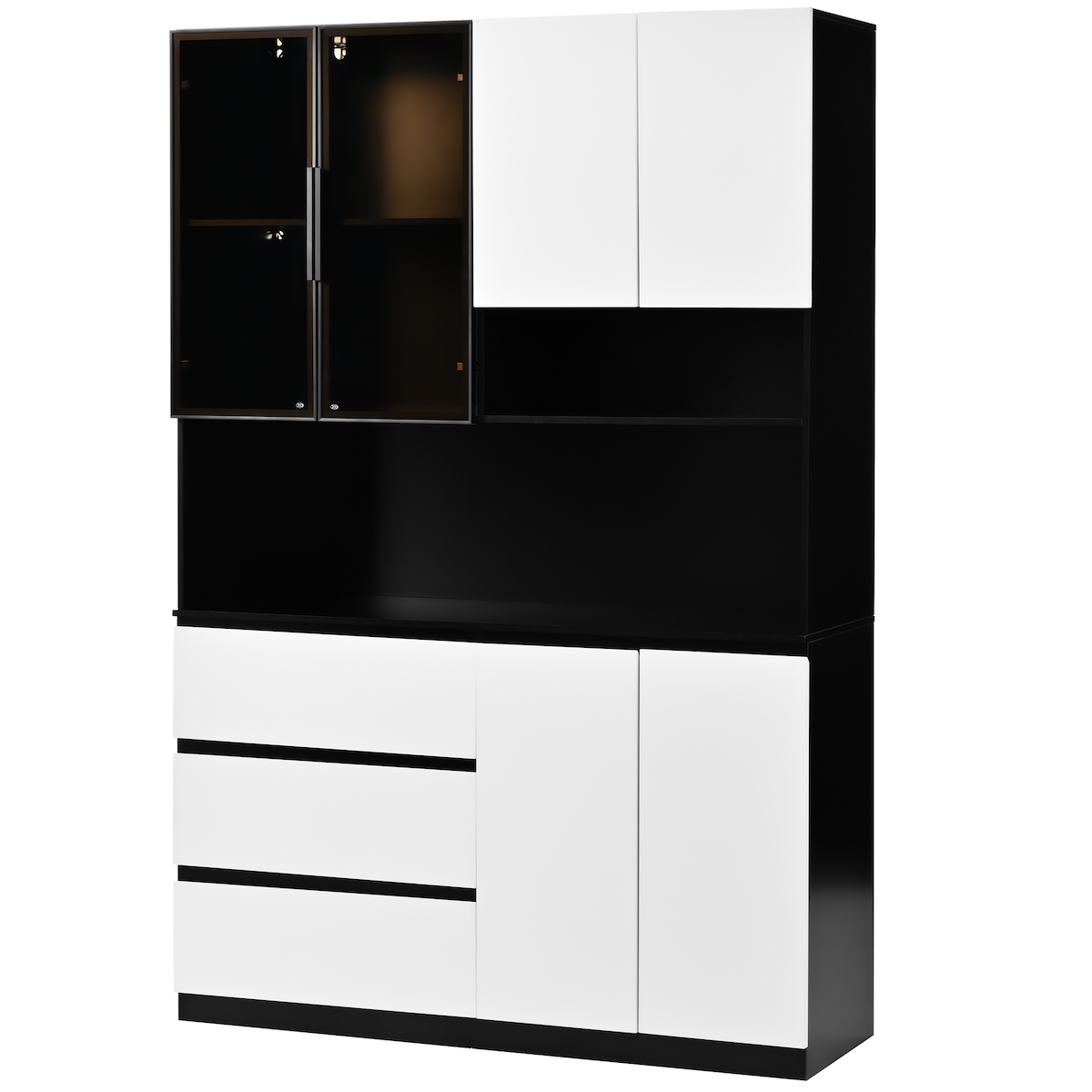 OKWISH Hochschrank aus Spanplatte in Weiß/Schwarz 120,5x40x180 cm mit LED-Beleuchtung, 3 Schubladen, 6 Türen und offenen Fächern Image