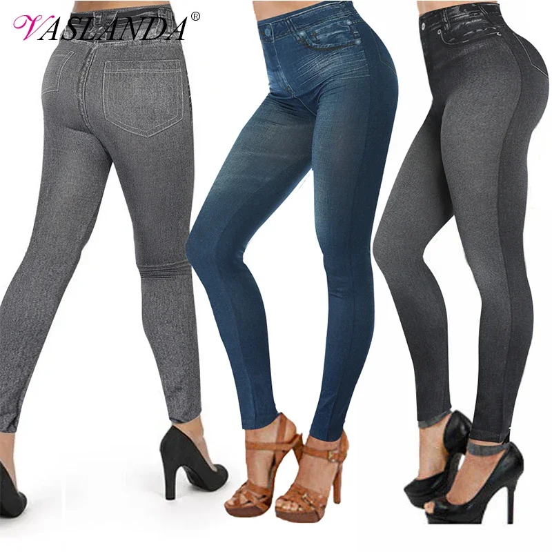 Vaslanda Denim Leggings Jeans Jeggings Skinny Hosen für Frauen Streetwear Hohe Taille Bauchkontrolle Leggings Schlanke Bleistifthose Image