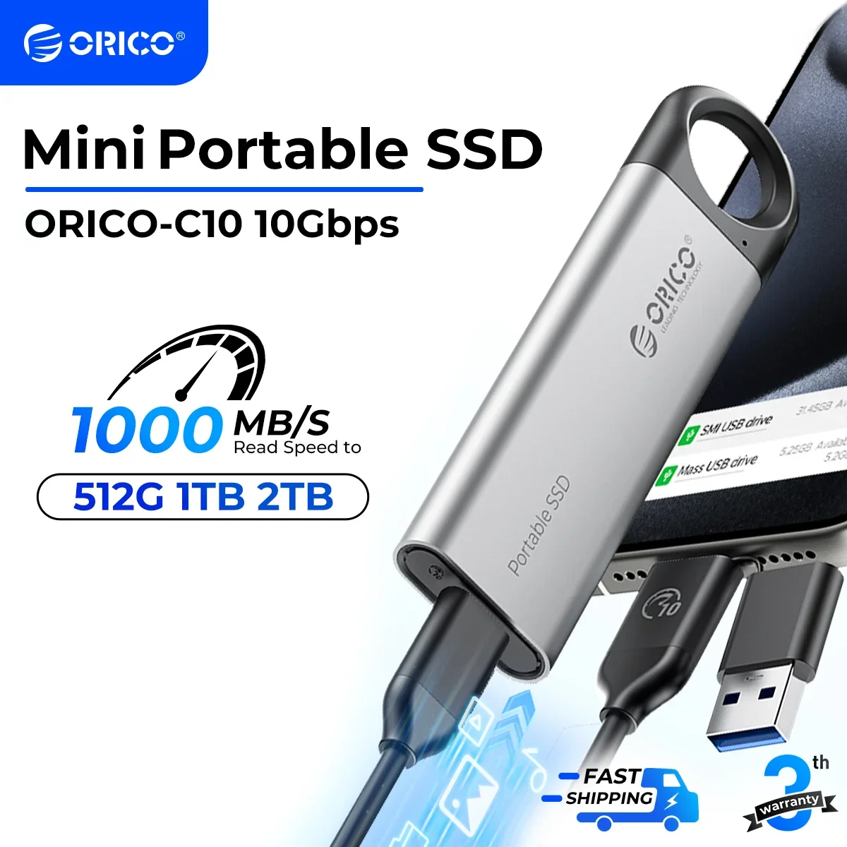 ORICO 1 TB externe SSD bis zu 1050 MB/s 550 MB/s, tragbares Solid-State-Laufwerk mit hängendem Lochdesign, USB-C&A-2-in-1-Kabel Image