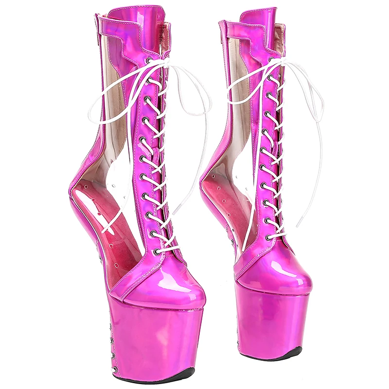 Leecabe PVC mit glänzenden PU-Obermaterial-Plateau-Stiefeletten. Sexy exotische Pole-Dance-Schuhe ohne Absatz
