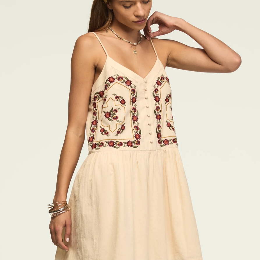 Lucky Brand Contrast Embroidered Button Front Mini Dress - Women's Clothing Dresses Mini Dress in Gardenia, Size L