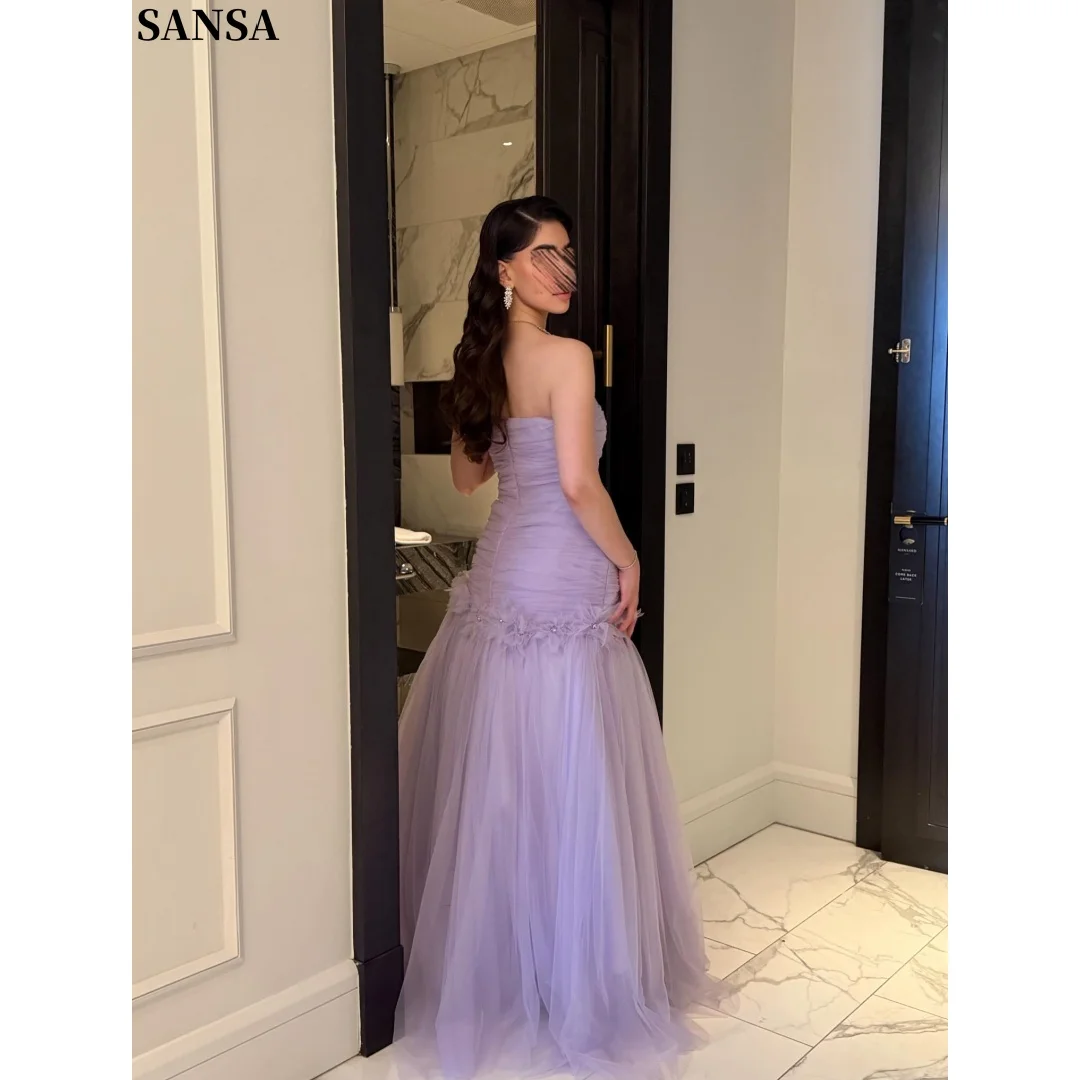 Sansa Customized 2026 Luxury Lavender Strapless Tulle Ball Gown with Feather Trim and Rhinestones Formal Evening Prom Dress