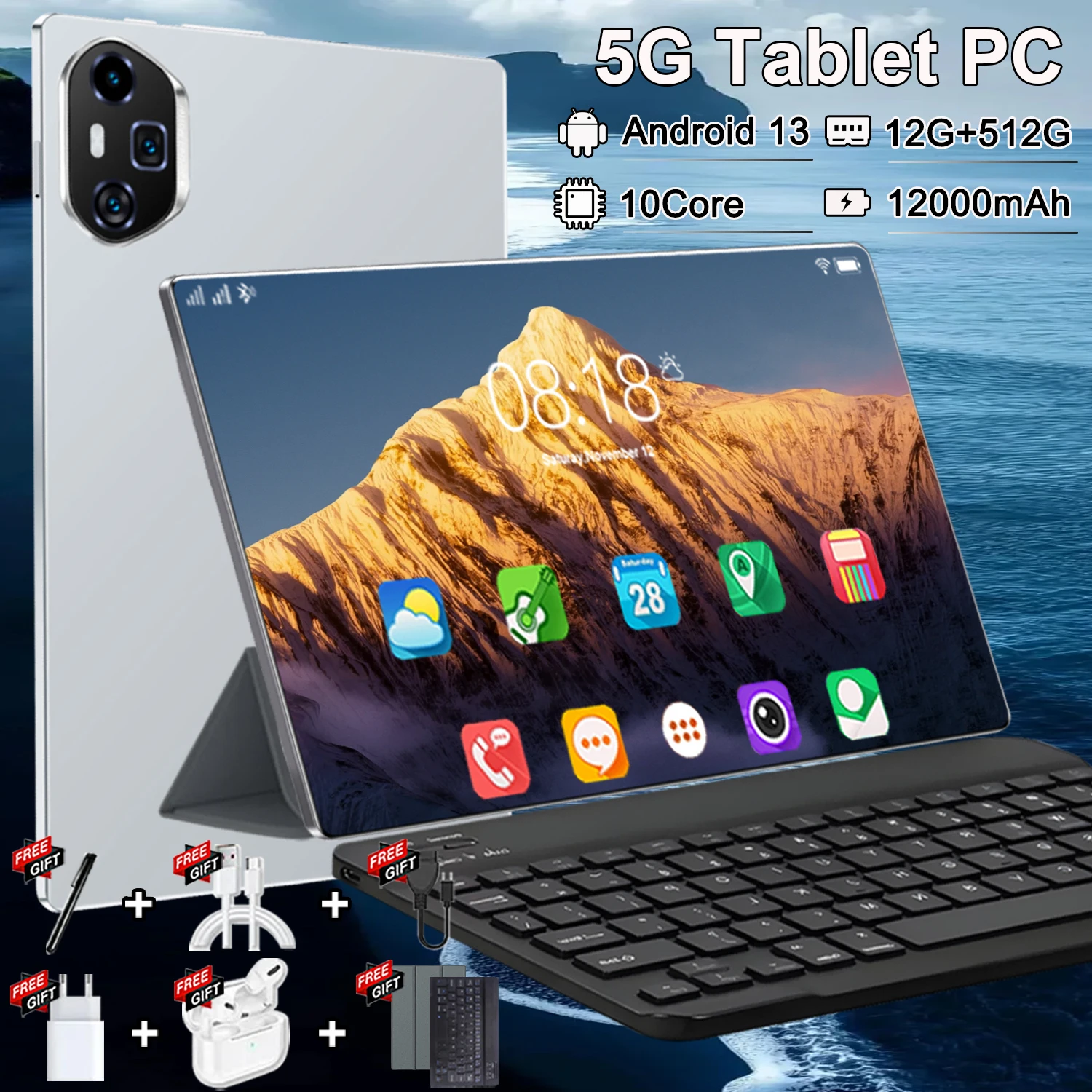 Tablette PC abordable 2026 avec écran Full Screen de 10,36 pouces, affichage HD IPS 4K, processeur 10 cœurs basse consommation, processeur Snapdragon 8 Gen2 performant, système d