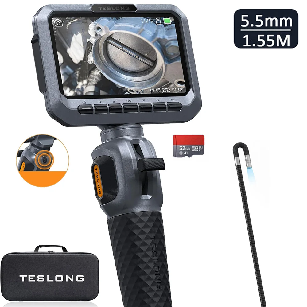TESLONG 5,5mm Objektiv Zweiwege-360-Grad-Objektiv ° Gelenkiges Endoskop mit 5-Zoll-Bildschirm 1080P Industrielles Endoskop 1,55m Elastischer Schlauch 32GB Image