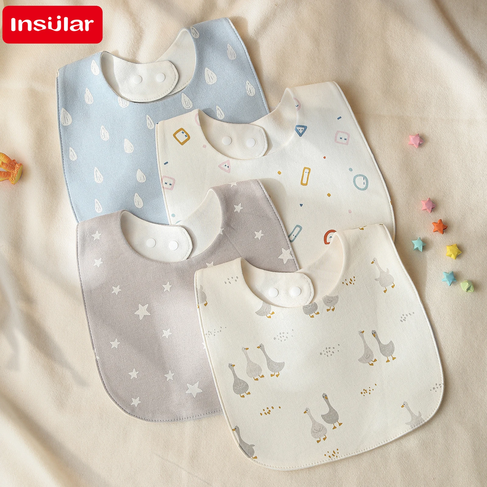 INSULAR Baby-Lätzchen für Neugeborene, Baumwolle, weiches Speicheltuch, Säuglingsernährungstuch, Musselin-Sachen, bedruckt, Pinny, wasserdicht, U-förmig, 3-lagig Image
