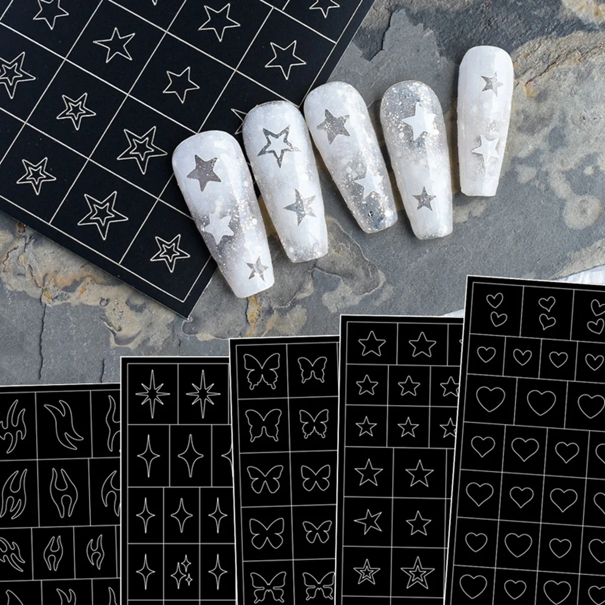Hohle Nail Art Aufkleber, sprühlackiertes Design, Liebe, Schmetterling, französisches Muster, Nagelzubehör, dekorative Abziehbilder Image