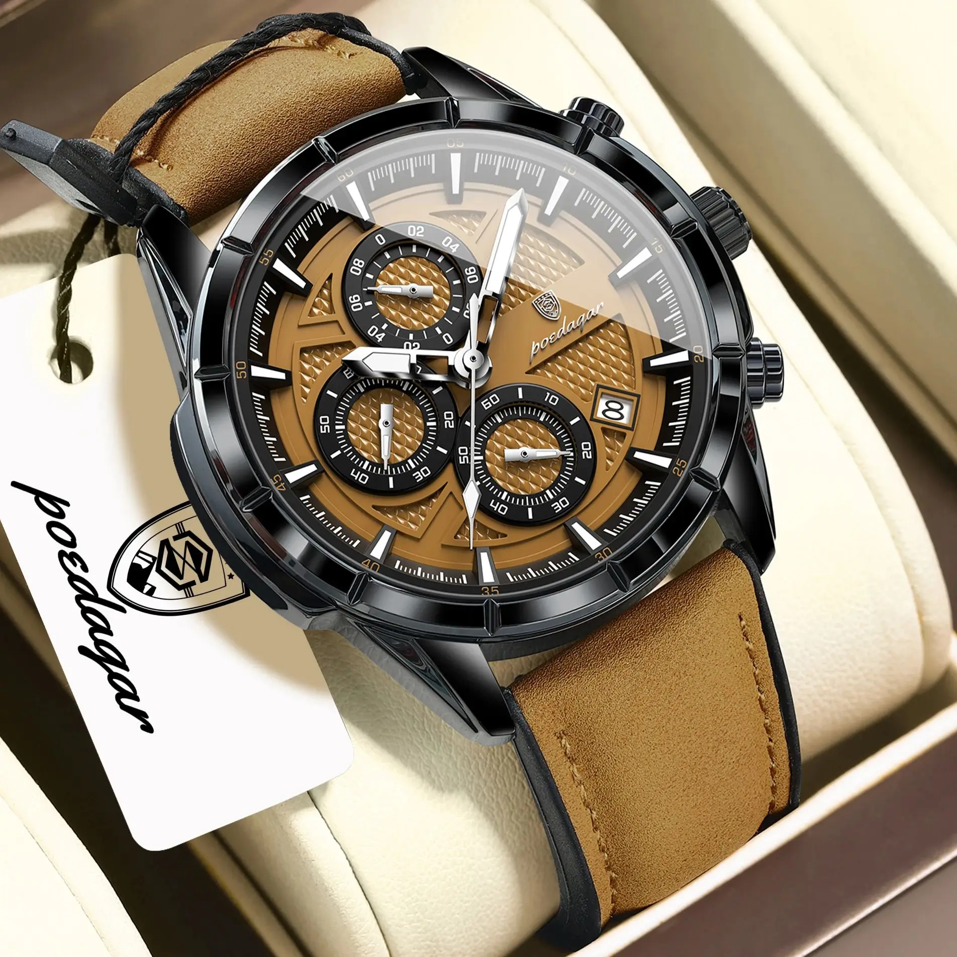POEDAGAR Top Vintage Herren Armbanduhr Quarz Mode Leder Herrenuhren Datum Chronograph Wasserdicht Leuchtend Business Herrenuhr Image