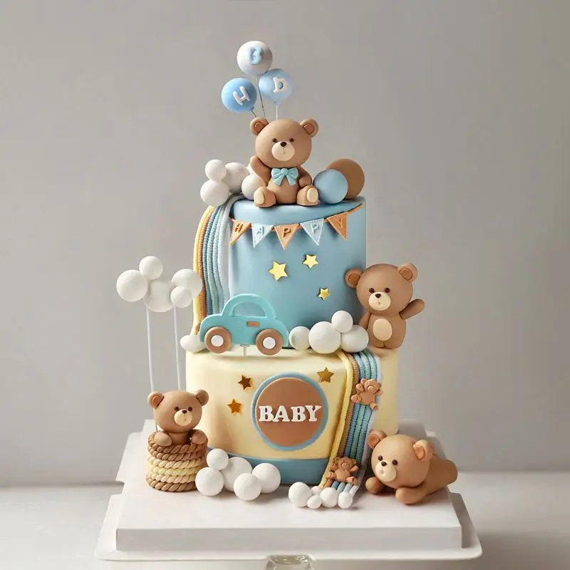 Weicher Ton 3D Bären-Kuchenaufsatz Geburtstagstorten-Deko Bären-Thema für Jungen Ein Jahr Alt/Ein Monat Alt/Babyparty Geburtstagstorten-Dekoration Image