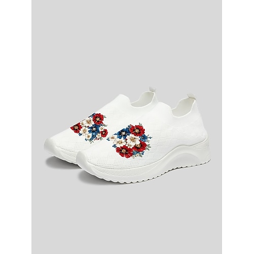 Weiße, geblümte Damen-Slipper zum Hineinschlüpfen – atmungsaktive, bequeme Strick-Sneaker mit leichter Stoßdämpfung und ganztägigem Tragekomfort für Reisen, Sommerspaziergänge und den Alltag. Image