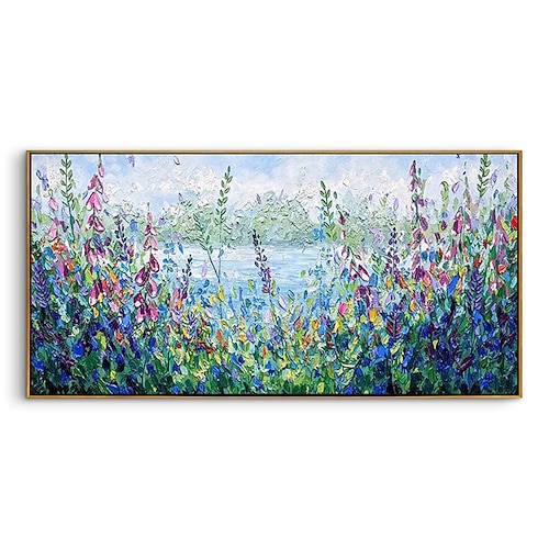 Handgemaltes, farbenfrohes Ölgemälde einer Blumenwiese – lebendige Frühlingsblumen als Wandkunst, abstraktes Seemotiv auf Leinwand, strukturierte botanische Dekoration für Ihr Zuhause Image