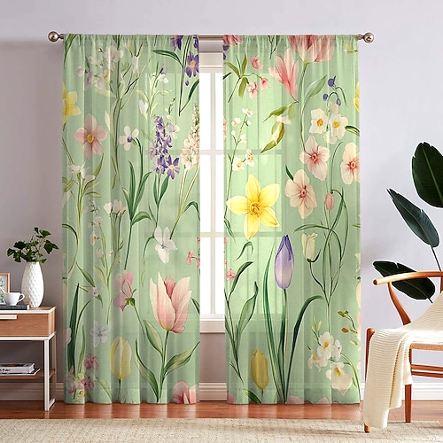 Elegante, transparente Fenstergardinen mit Schleifenmuster und floralem Print, Voile-Vorhänge mit Blumen-, Pflanzen- und Blattmuster für Schlaf- und Wohnzimmer, lichtdurchlässig Image