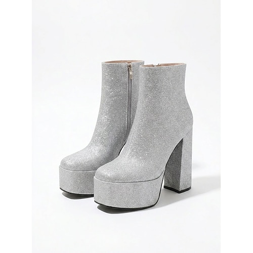 Silberne Glitzer-Plateau-Go-Go-Stiefel für Damen – Retro-Stiefeletten im Disco-Stil der 70er-Jahre mit klobigem Blockabsatz für die perfekte Vintage-Party. Image