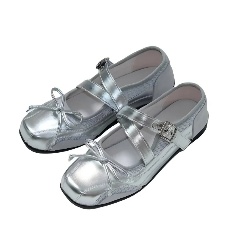 Silber Ballett Sneaker Damen Mesh Atmungsaktiv Mary Jane Flache Schuhe mit Schleife Kreuzgurt Y2K Stil Freizeit Schuhe Halbschuhe Damen Mode Sommerschuhe Bequeme Wanderschuhe Retro Design Elegante