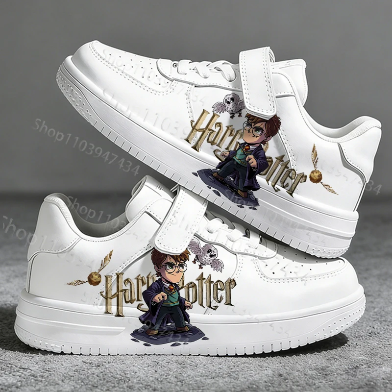 Neues Modell Jungen Mädchen Harry Potter Cartoon-Muster Design Kinder Weiche Sportschuhe Schnürschuhe Weiße Skateboard-Sneaker Versand in 24 Stunden