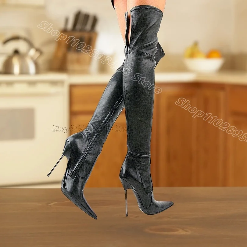 Schwarze Spitze Stiefel aus mattem Leder mit Metallabsatz und seitlichem Reißverschluss, modische Damen-Schuhe, sexy Frühlingsschuhe 2026, Zapatos Para Mujere