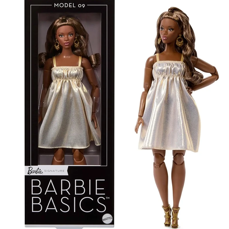 Original Barbie Signature Basics 09 Modell Mollige Puppe Braunes Lockiges Haar Glitzerndes Kleid Absätze Sammlerstück Mädchenspielzeug Gelenkbeweglich Image