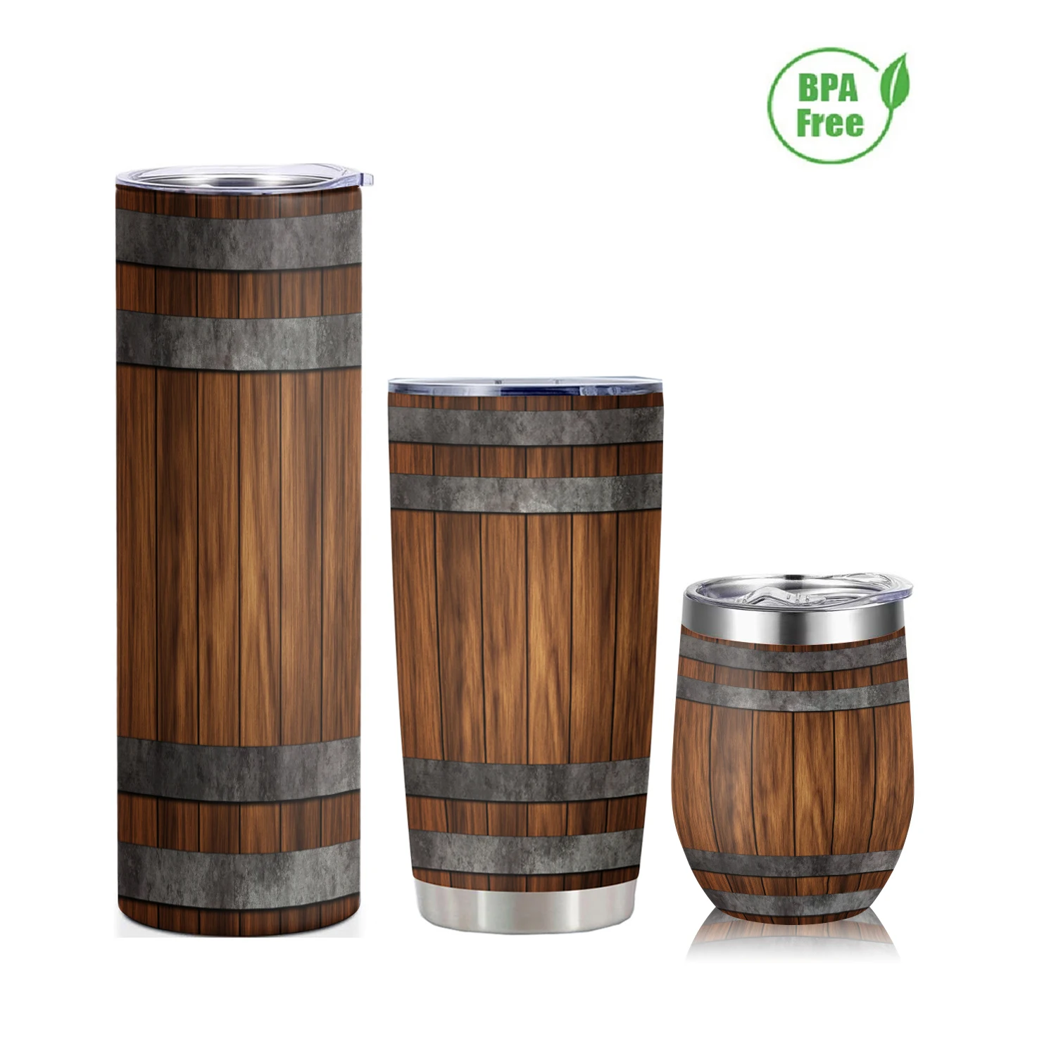 20/12oz Vakuum-Trinkbecher mit Holzmaserung-Design, doppelwandige Edelstahl-Wasserflasche mit Strohhalm für kalte/heiße Getränke Image