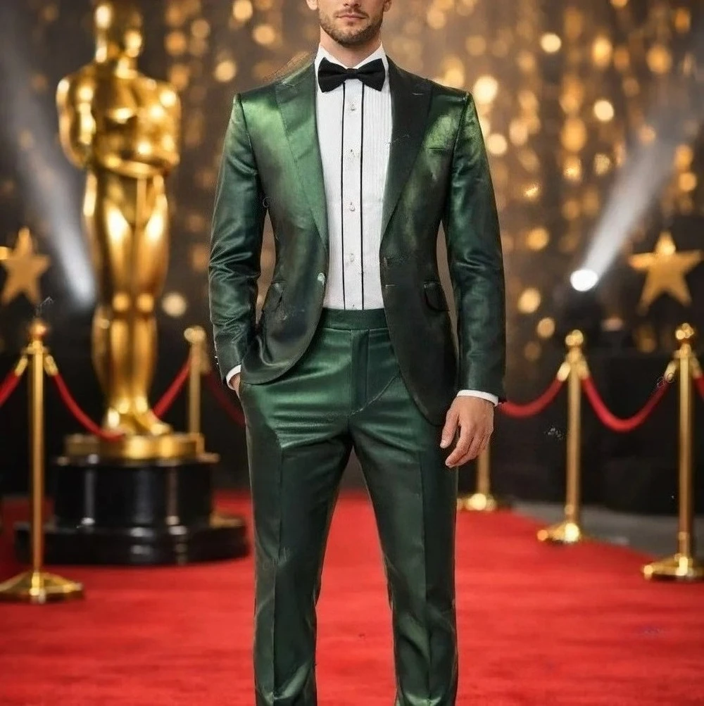 Neuer Grüner Acetat-Satin Formeller Herrenanzug Bräutigam Trauzeuge Hochzeit Party Business Herren-Smoking 2-Teiliges Set Jacke Hose Image