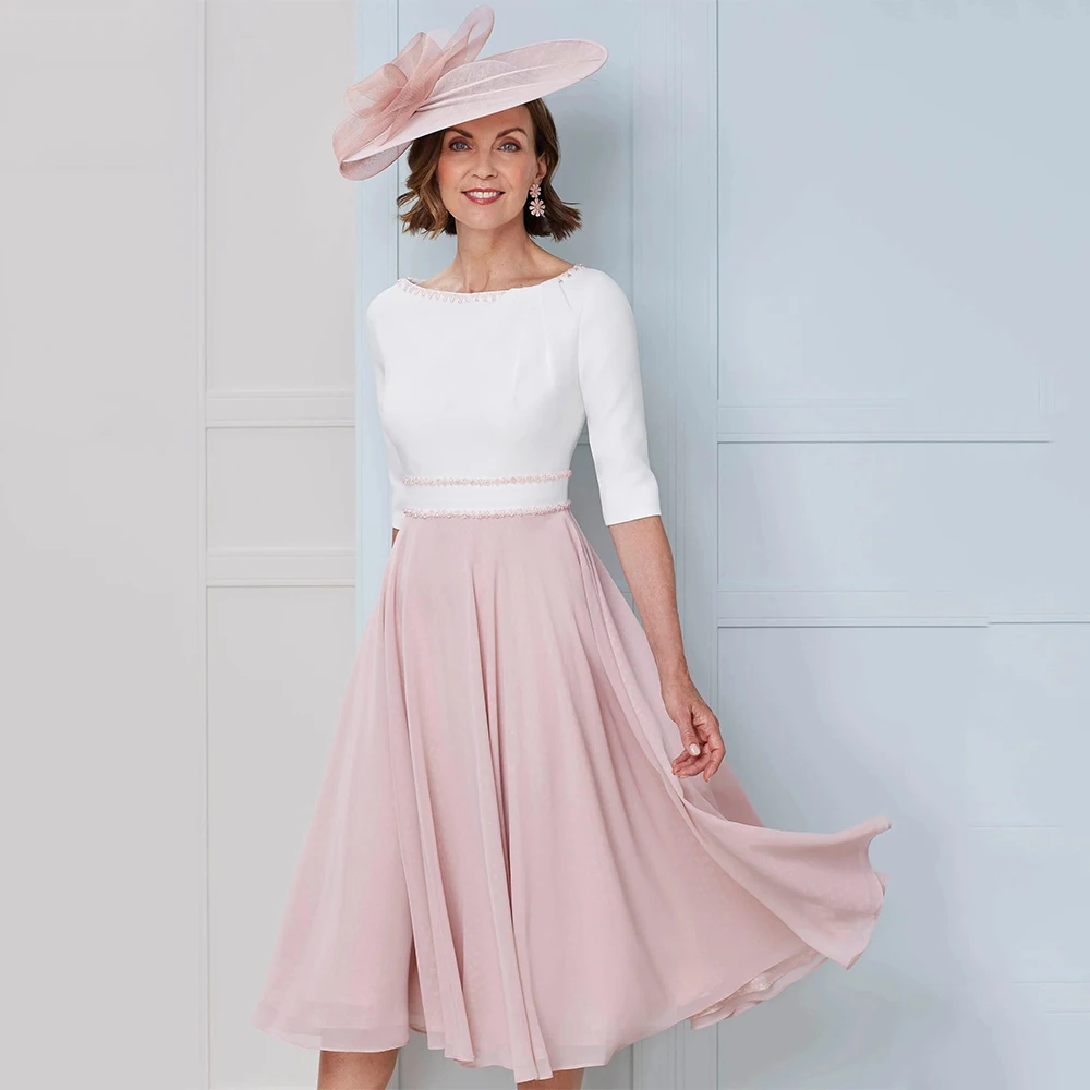 Customized Elegant Mother of the Bride Dress Short Beading Boat Neck Wedding Guest Gowns for Women 3/4 Sleeves Midi Evening Gown