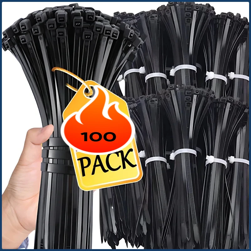 100 Stück selbstsichernde Kunststoff-Nylon-Kabelbinder, schwarzer Befestigungsgurt, Kabelbinder-Set, Kabelbinder, Befestigungsring, Kabelbinder, Kabelbinder Image