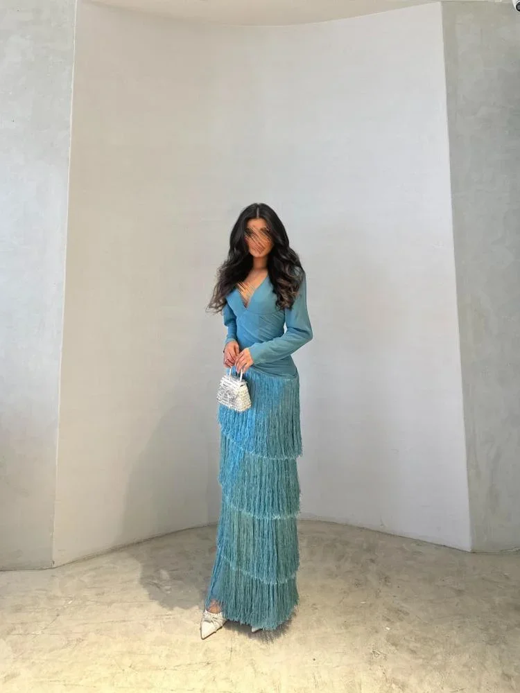 Maßgeschneidertes Abendkleid mit Stufenquasten für Damen, V-Ausschnitt, Langarm, Meerjungfrauen-Stil, Ballkleid im Dubai-Stil, Türkisblaues formelles Maxikleid Image