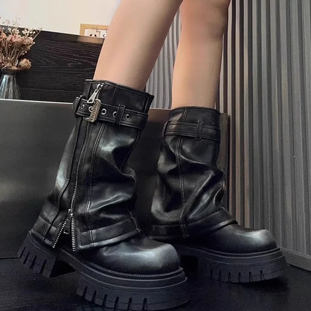2024 Punk Plateau-Faltstiefeletten für Damen mit Schnallen, coole Combat-Booties, Gothic-Street-Schuhe für Frauen
