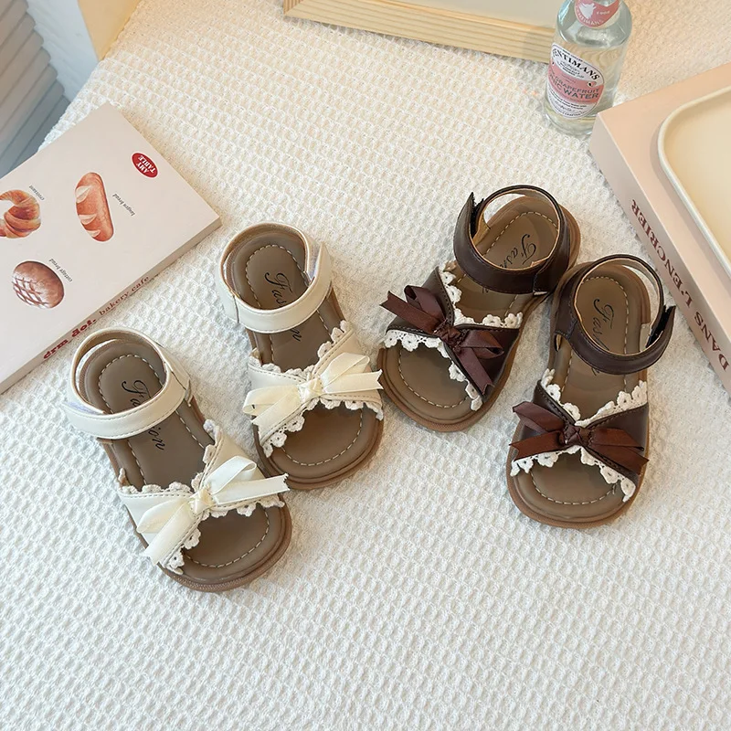 Mädchen Sommer-Sandalen - Koreanische Schleifen-Spitzen-Flachschuhe für Kinder, Weiche Rutschfeste Sohle Kinderschuhe Image