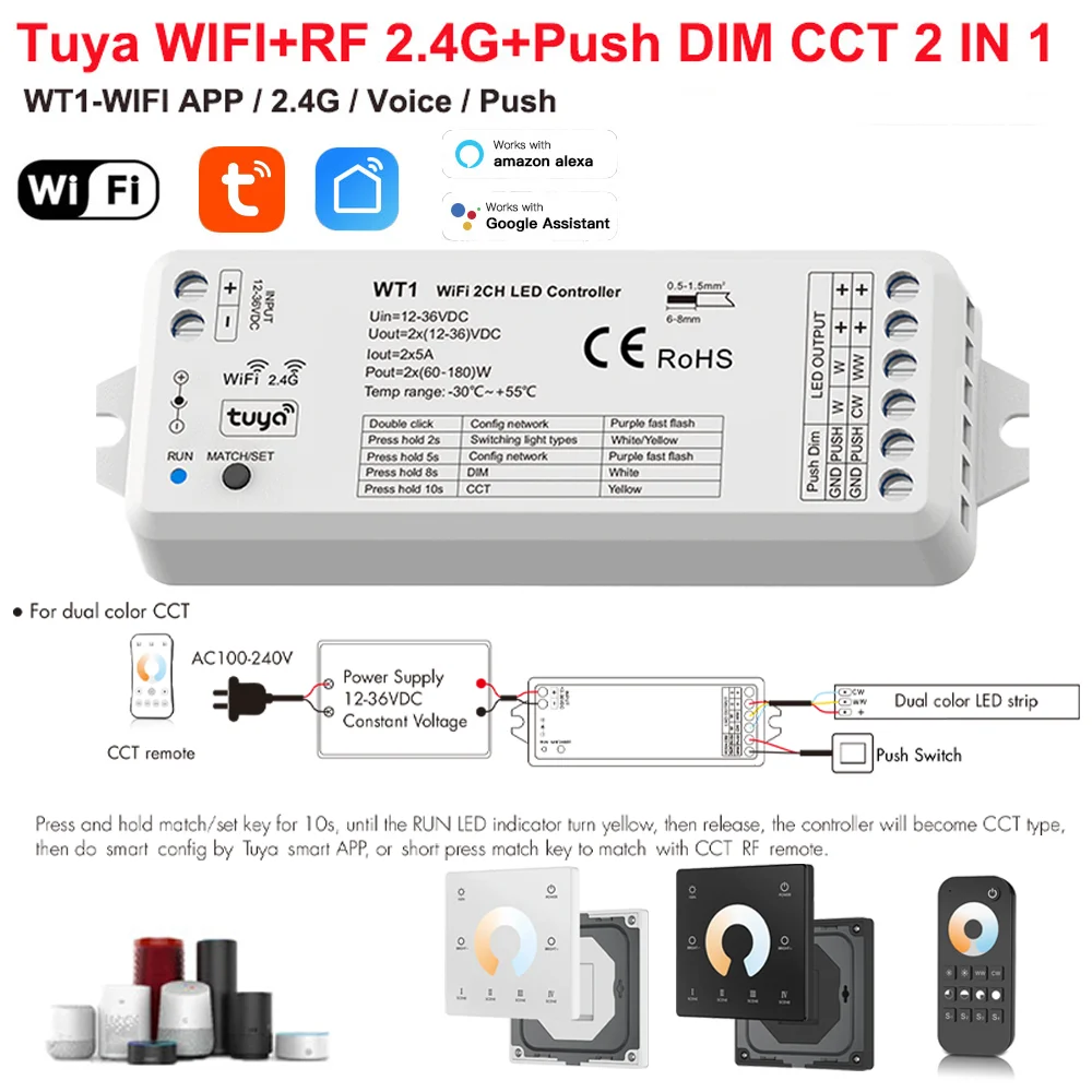 Tuya WIFI CCT LED-Streifen Dimmer-Schalter 12V 24V 2.4G RF WW CW Controller APP Sprachsteuerung Kompatibel mit Smart Life Google Assistant Image