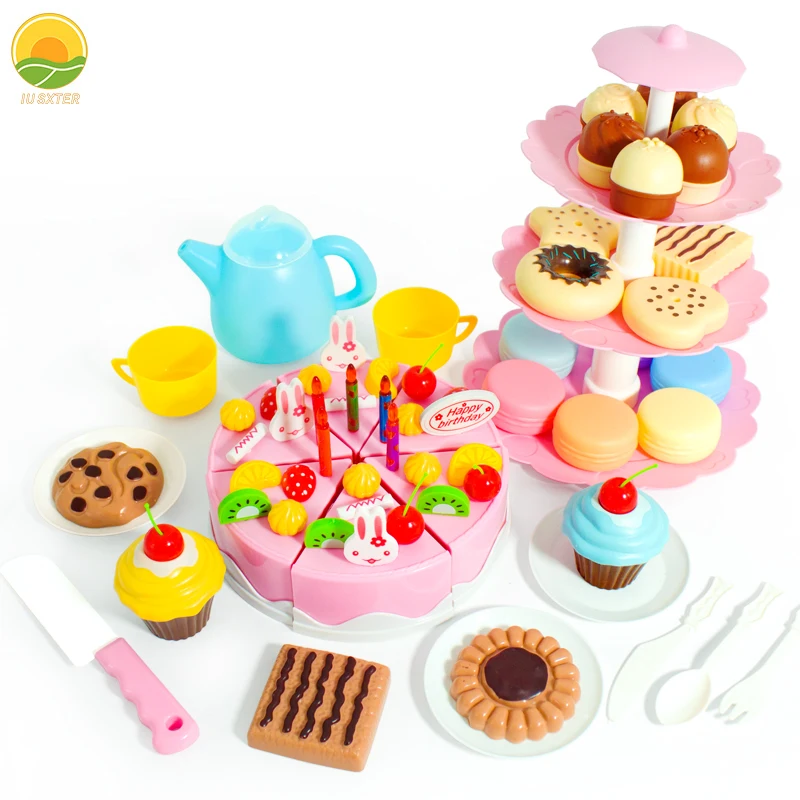 Mädchen Spielzeug Kuchen DIY Miniatur Lebensmittel Tee-Set Simulation Pretend Spielen Küche Kid Cut Spiel Bildung Kinder Spielzeug Für 3 Jahre Geburtstag Image