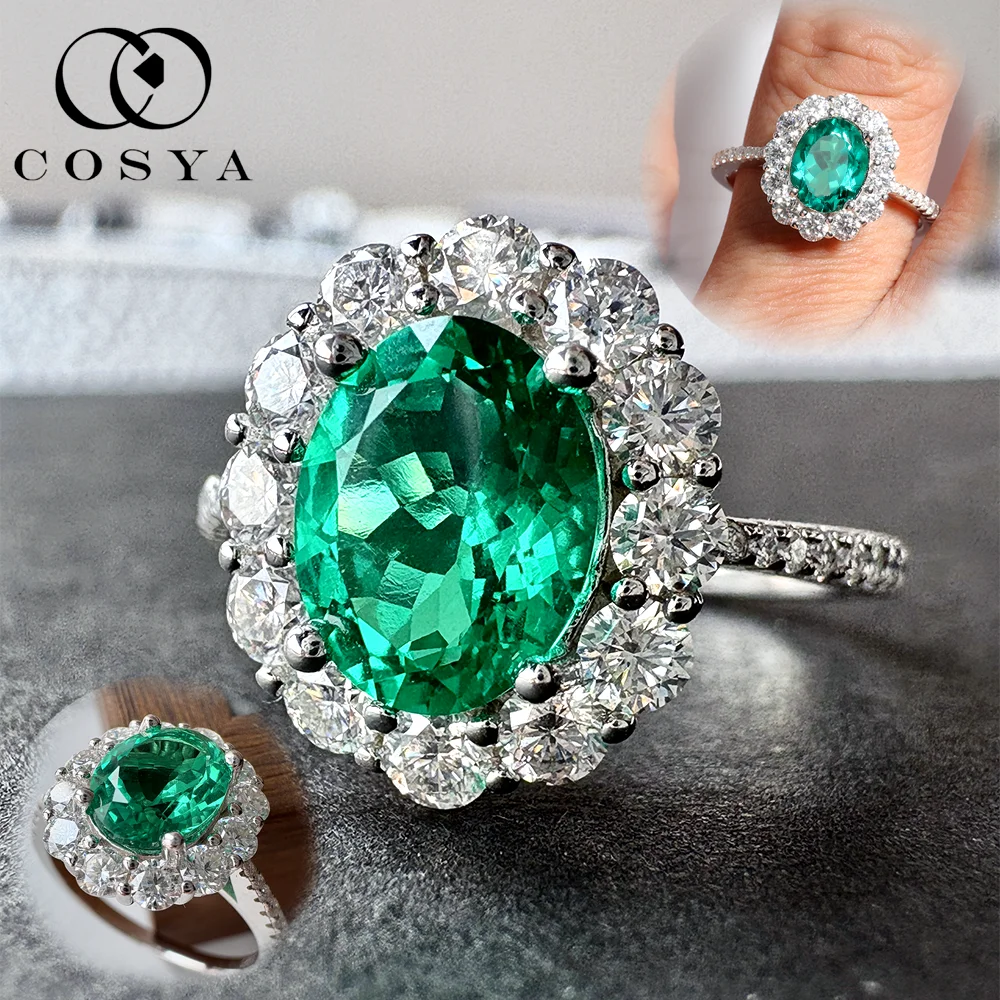 COSYA 2CT 7*9MM Lab Grown Colombian/Zambian Emerald Halo Ring S925 Silber Moissanit Ehering für Frauen Edler Schmuck Geschenke Image