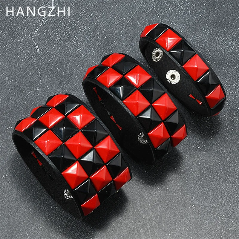HANGZHI Punk Hip-Hop Geometrisches Quadratisches Buntes Nieten-PU-Leder Breites Armband für Damen und Herren Schnallen-Armband Vintage-Schmuck Image