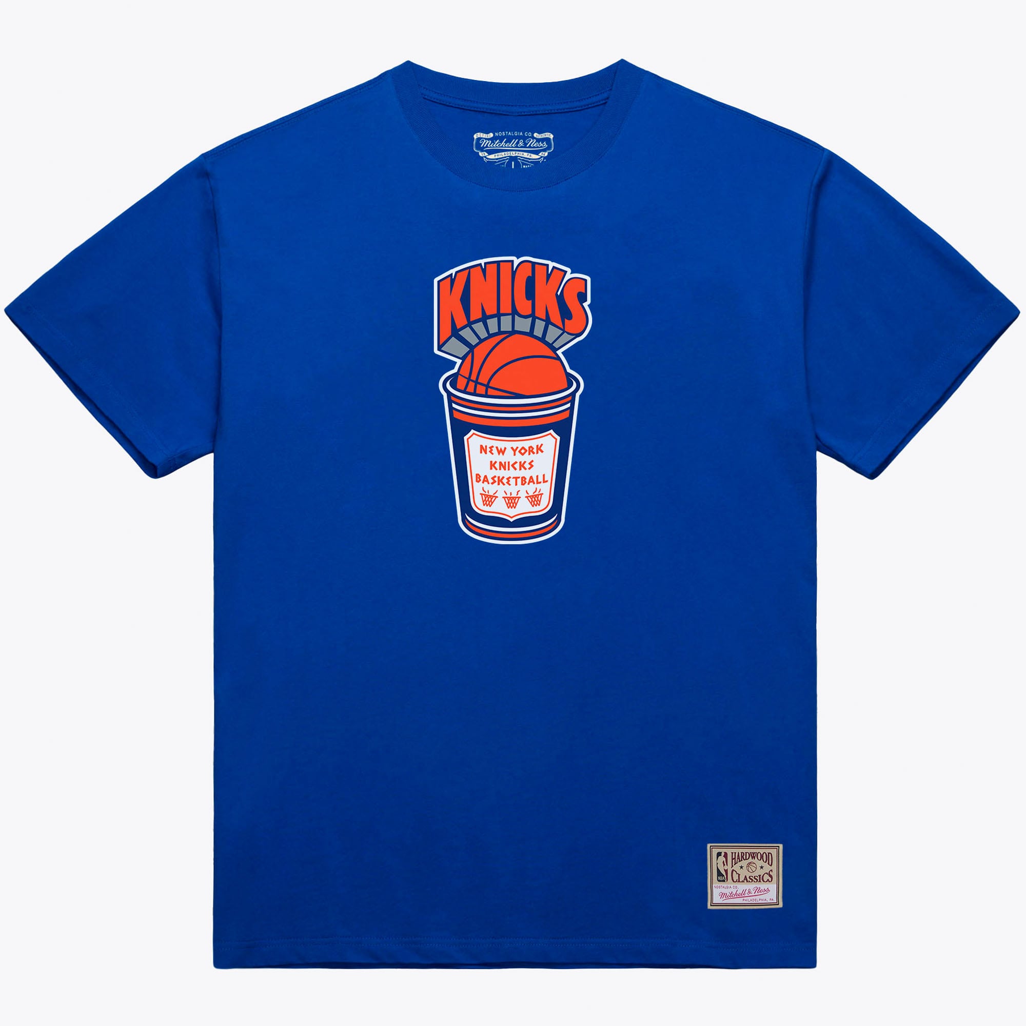 Mitchell & Ness Herren-T-Shirt in Blau mit New York Knicks-Kaffeebecher-Motiv