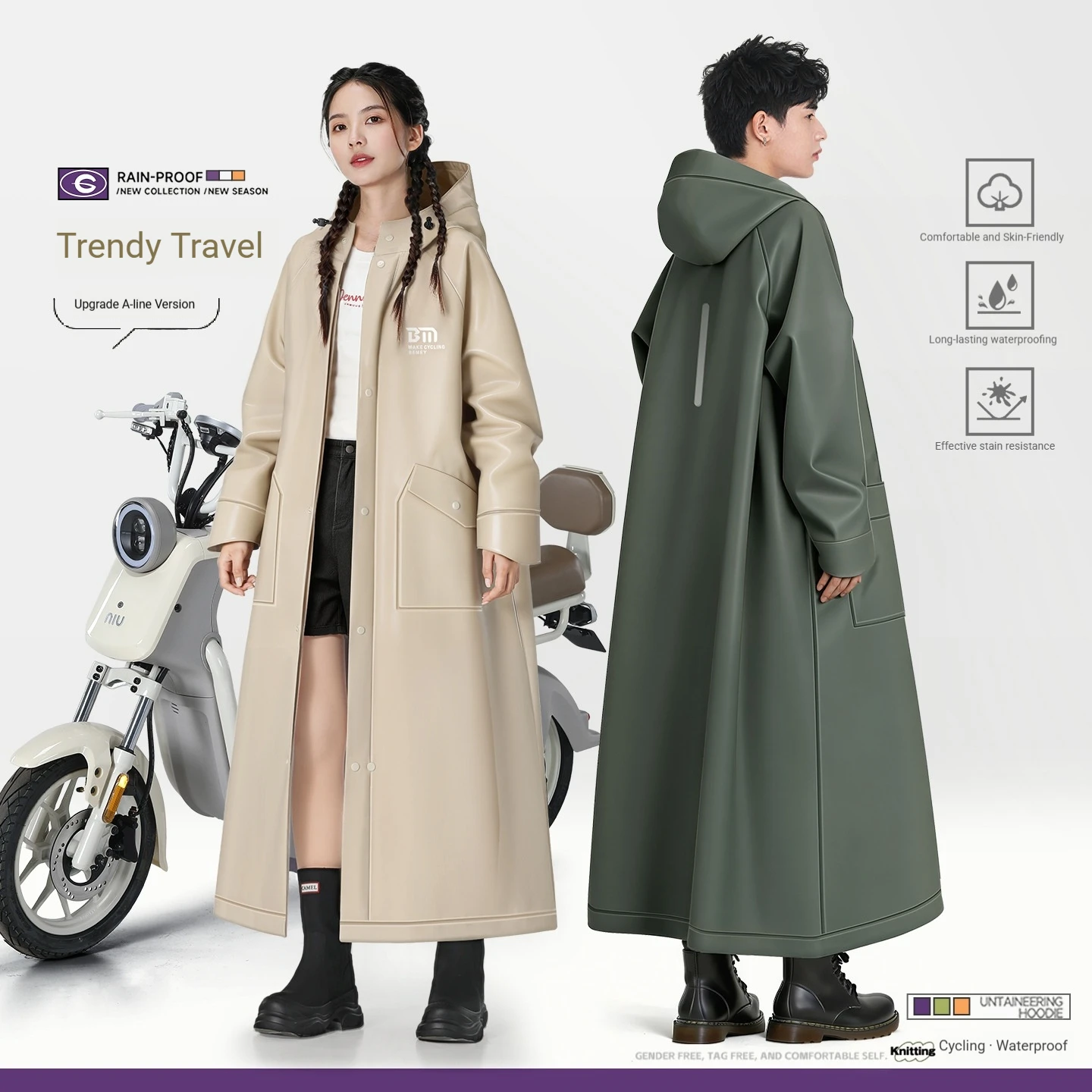 Langer, regenfester Ganzkörper-Regenponcho für Erwachsene, verdickt und vergrößert, für Damen und Herren, geeignet für Elektroautos. Image