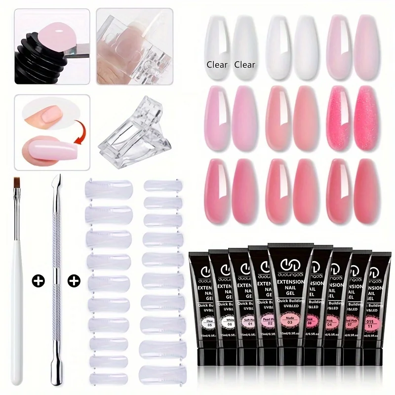 Salon & Home Nail Art Kit – 0,51 Unzen geruchloses, schnell aufbaubares Gel-Verlängerungsset mit 20 Nagelformen und Werkzeugen | Professionelle UV-Bildhauerei Image