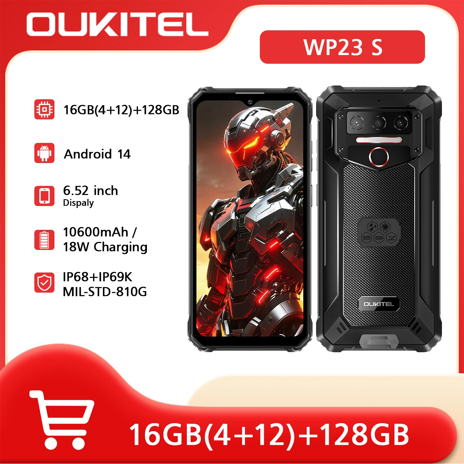 OUKITEL WP23S Robustes Smartphone, Entsperrt, 2026-10600mAh Akku, 64GB/TF 1TB ROM Handy, 6,52'' Display, Robustes Smartphone, 13MP Kamera