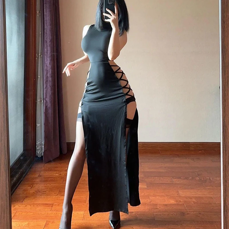 Frauen Oansatz Kreuz Verband Kleid Sexy Ärmellose Elegante Party Cocktail Prom Kleider Strand Urlaub Lange Abendkleider Vestidos Image
